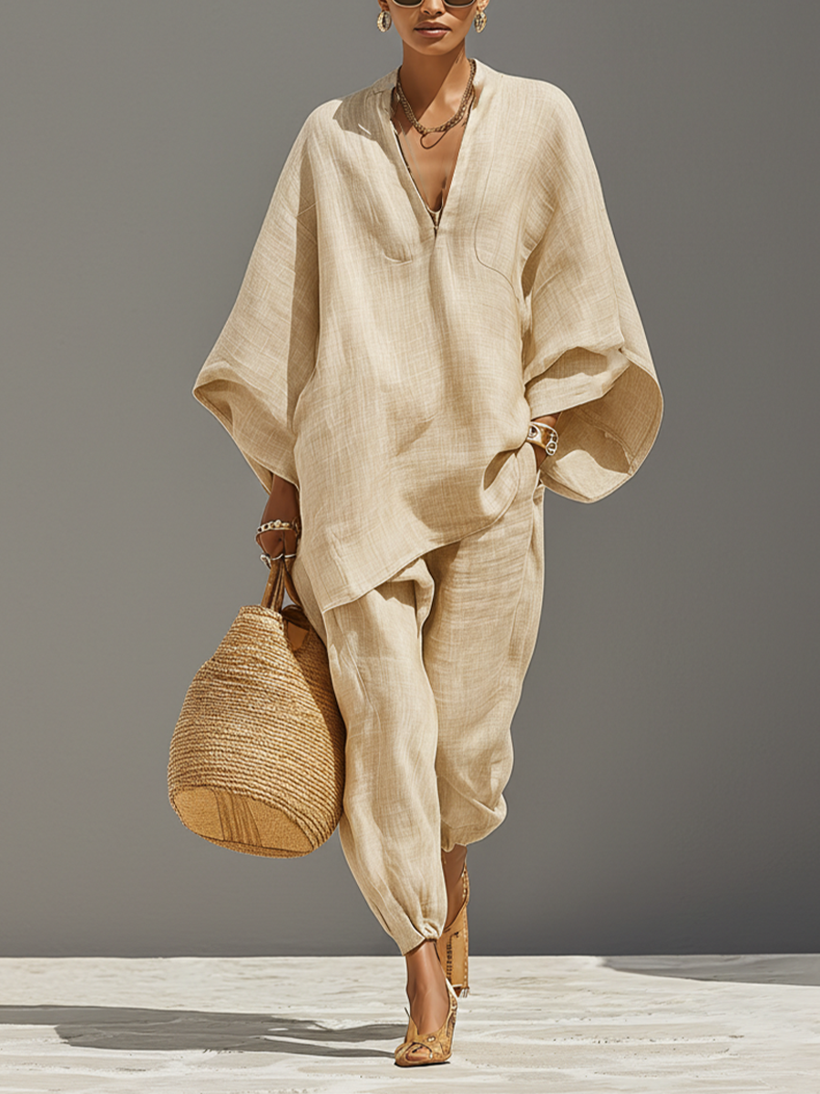 Linen Blend Women's Co-Ord Set - Textured Asymmetric Hem Casual Outfit