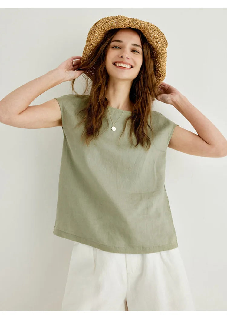 Linen Petal Sleeve T-Shirt for Women - Casual Summer Top