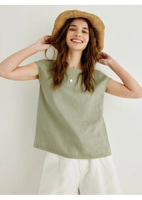 Linen Petal Sleeve T-Shirt for Women - Casual Summer Top