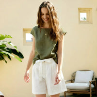 Linen Petal Sleeve T-Shirt for Women - Casual Summer Top