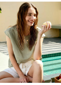 Linen Petal Sleeve T-Shirt for Women - Casual Summer Top