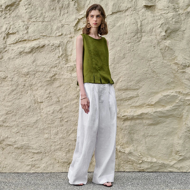 Linen Pleated Hem Top for Women - Casual Summer Blouse