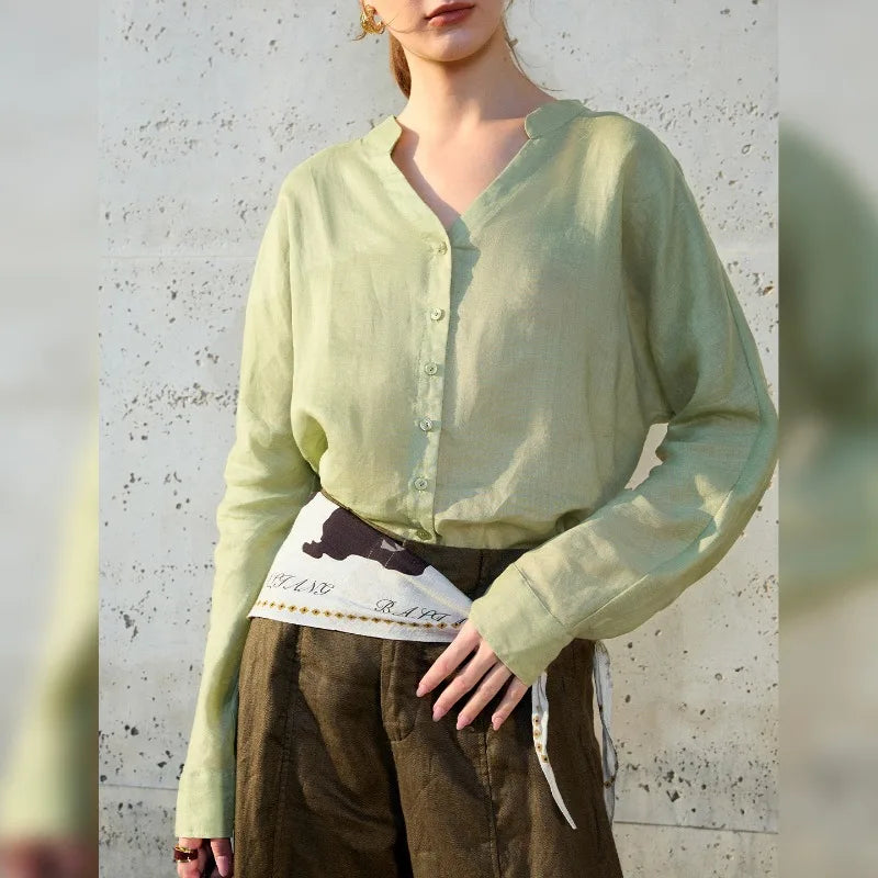 Linen V-Neck Shirt - Collarless Design for Casual Wear - Lightweight and Breathable