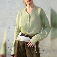 Linen V-Neck Shirt - Collarless Design for Casual Wear - Lightweight and Breathable