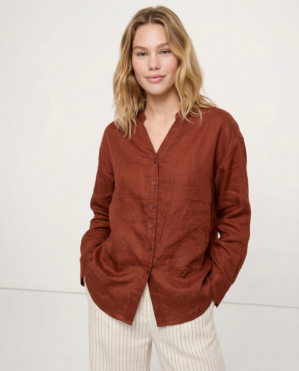 Linen V-Neck Shirt - Collarless Design for Casual Wear - Lightweight and Breathable