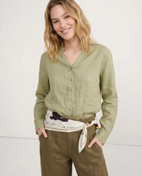 Linen V-Neck Shirt - Collarless Design for Casual Wear - Lightweight and Breathable
