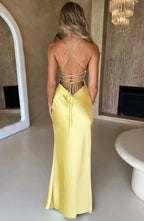 Long Satin Evening Dress Women UK – V-Neck Thin Straps Cocktail, Black Tie