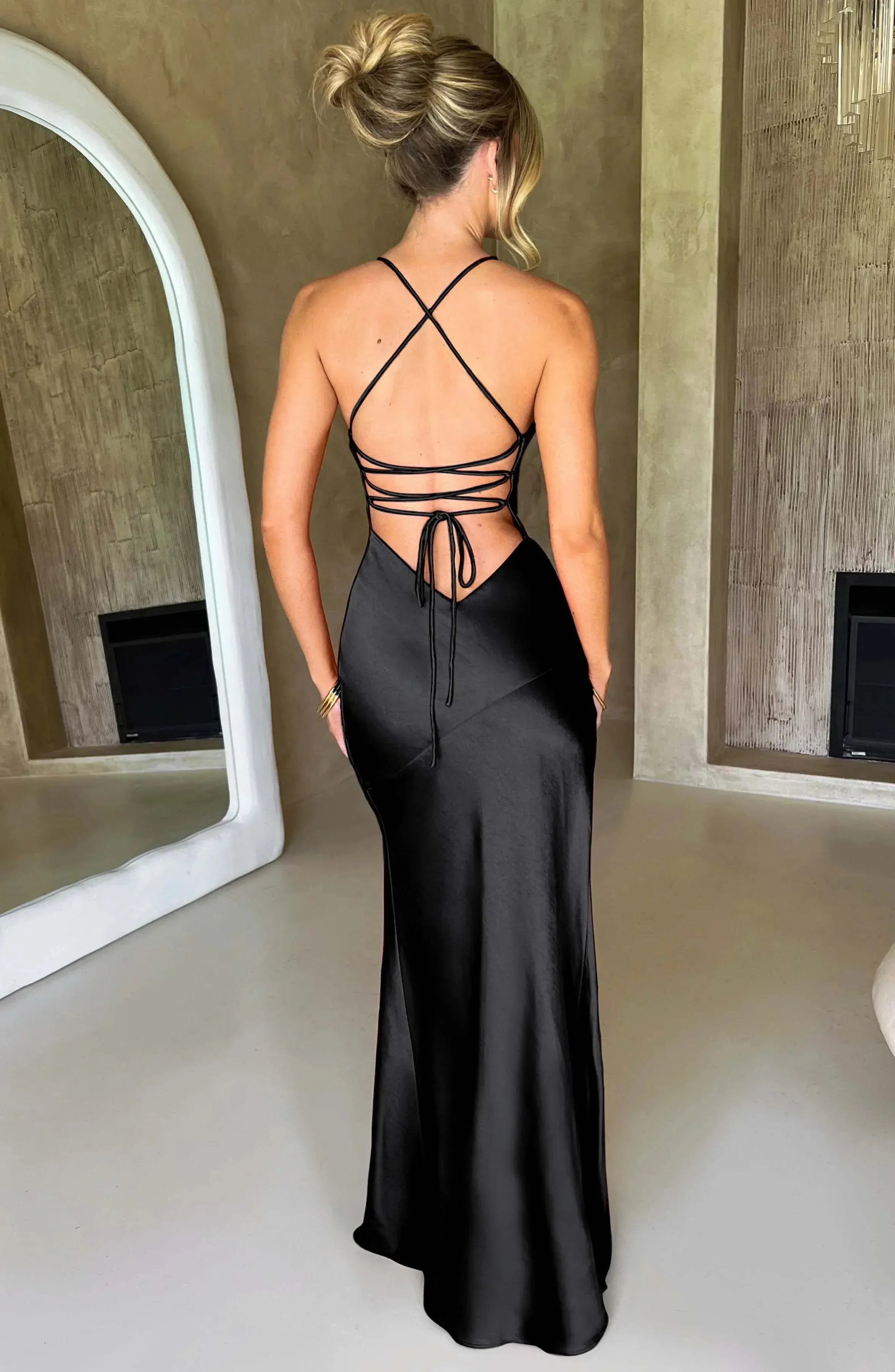 Long Satin Evening Dress Women UK – V-Neck Thin Straps Cocktail, Black Tie