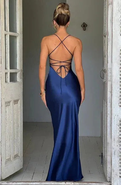 Long Satin Evening Dress Women UK – V-Neck Thin Straps Cocktail, Black Tie