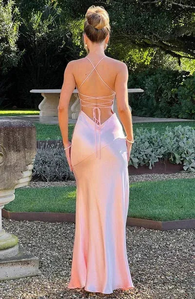 Long Satin Evening Dress Women UK – V-Neck Thin Straps Cocktail, Black Tie