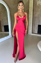 Long Satin Evening Dress Women UK – V-Neck Thin Straps Cocktail, Black Tie
