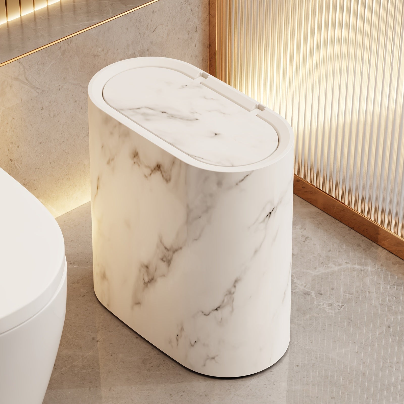 Marble Pattern Trash Can | Modern Space-Saving Bin with Lid – Bathroom, Kitchen