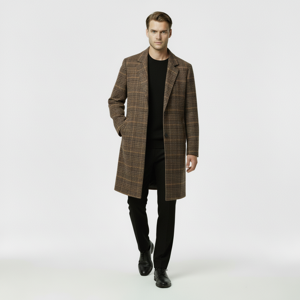Men's Checked Wool-Blend Overcoat - Plaid Winter Coat for Cold Weather Fashion