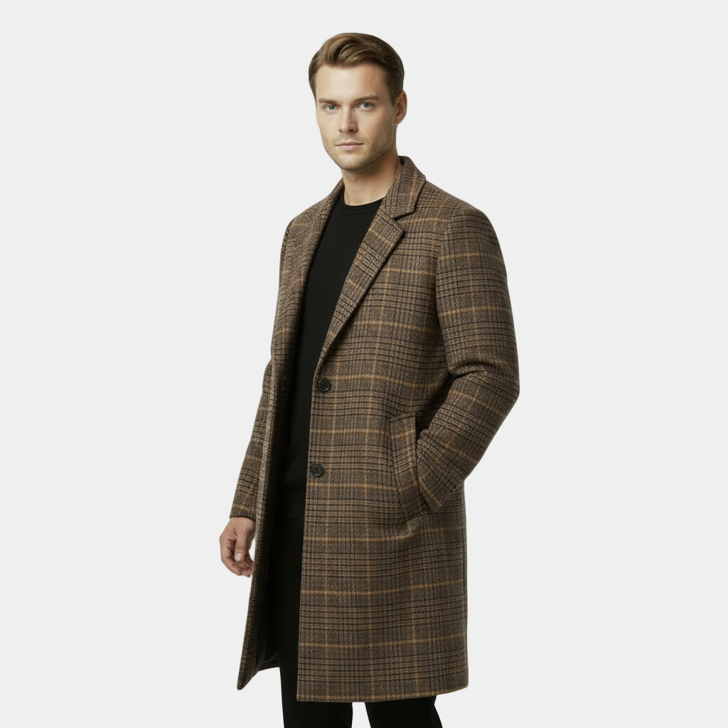 Men's Checked Wool-Blend Overcoat - Plaid Winter Coat for Cold Weather Fashion