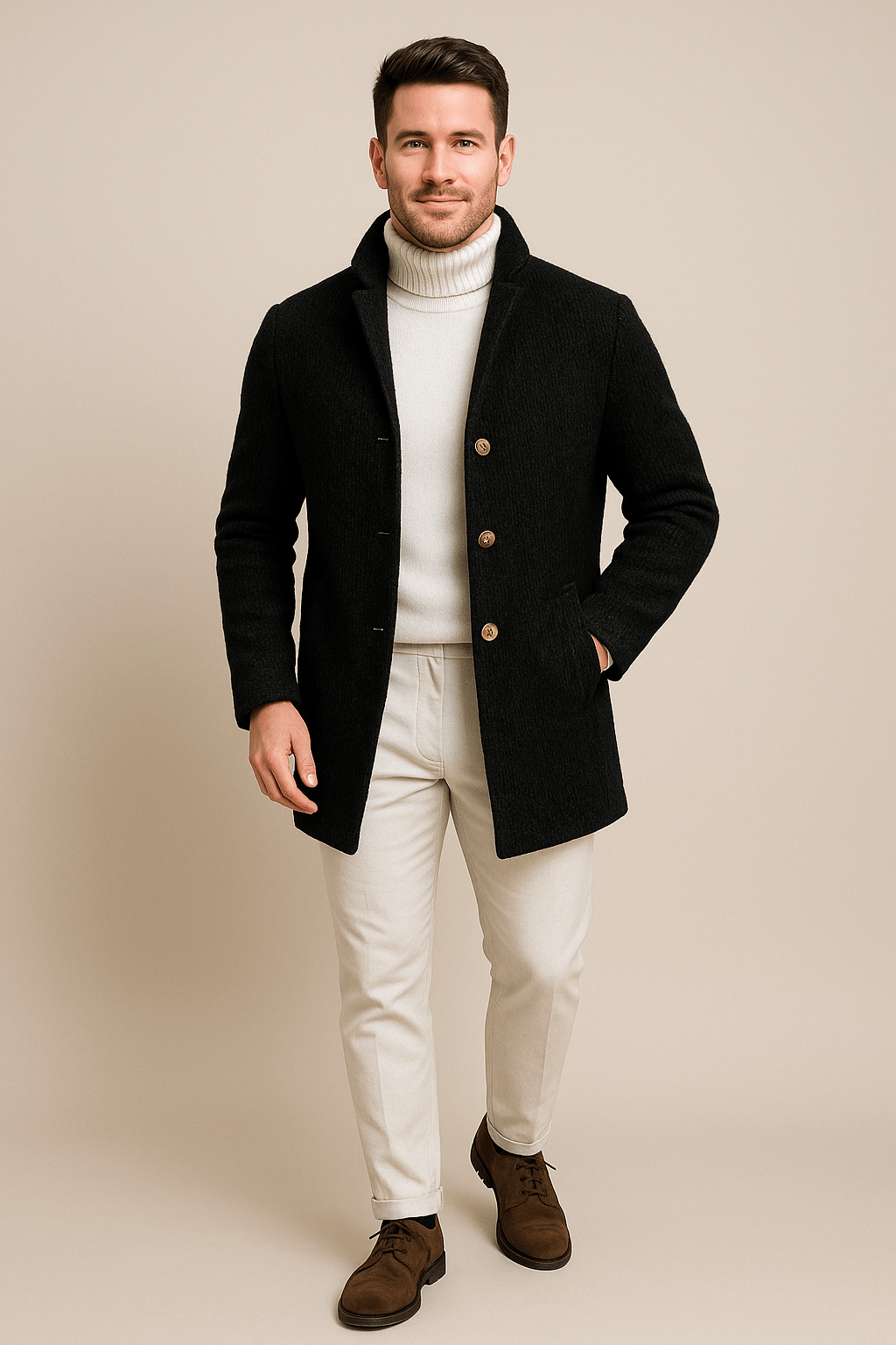 Men's Chunky Knit Cardigan with Stand-Up Collar and Button Closure for Casual Wear Black