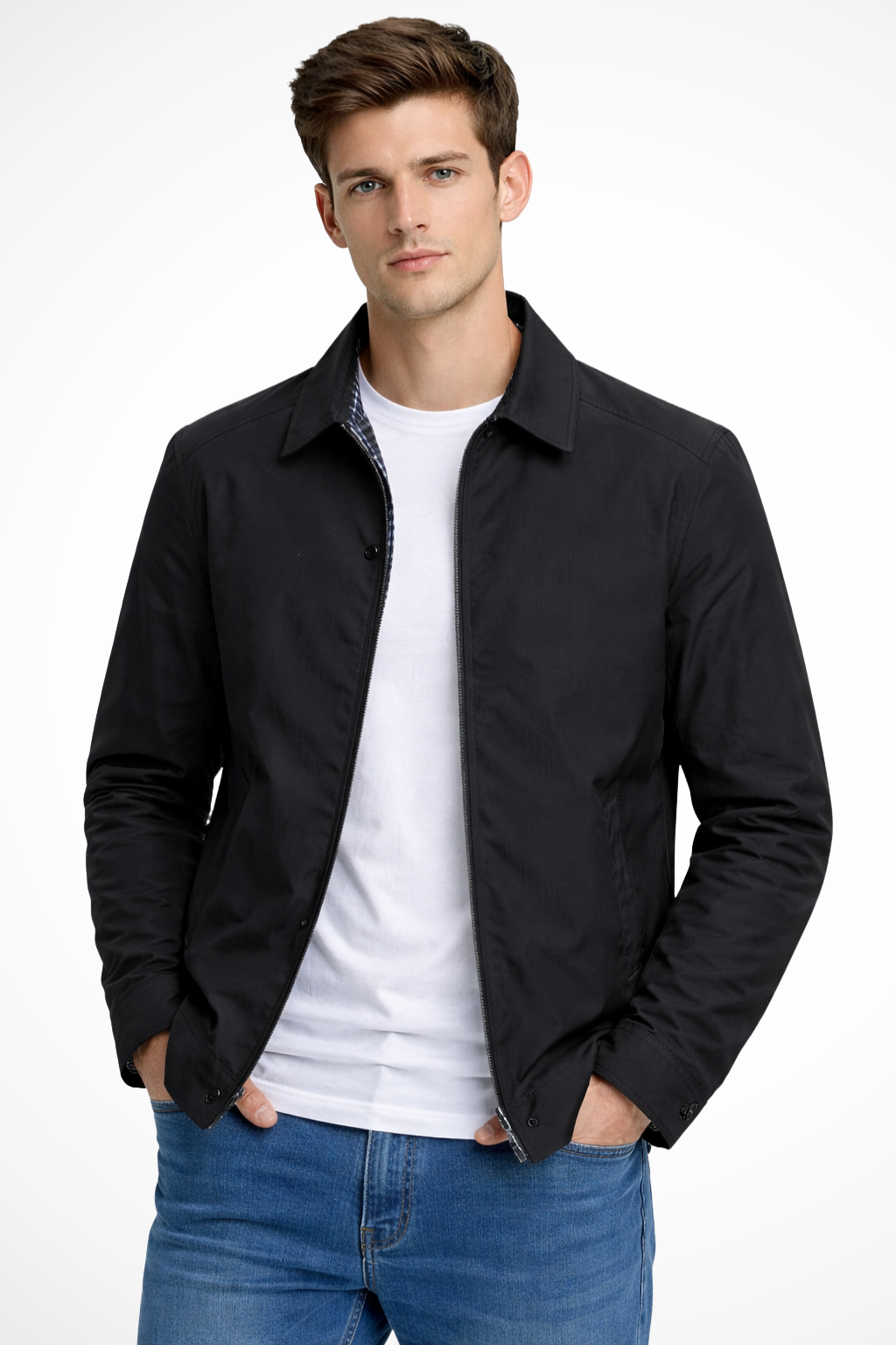 Men's Collared Harrington Jacket with Check Lining for Casual Wear