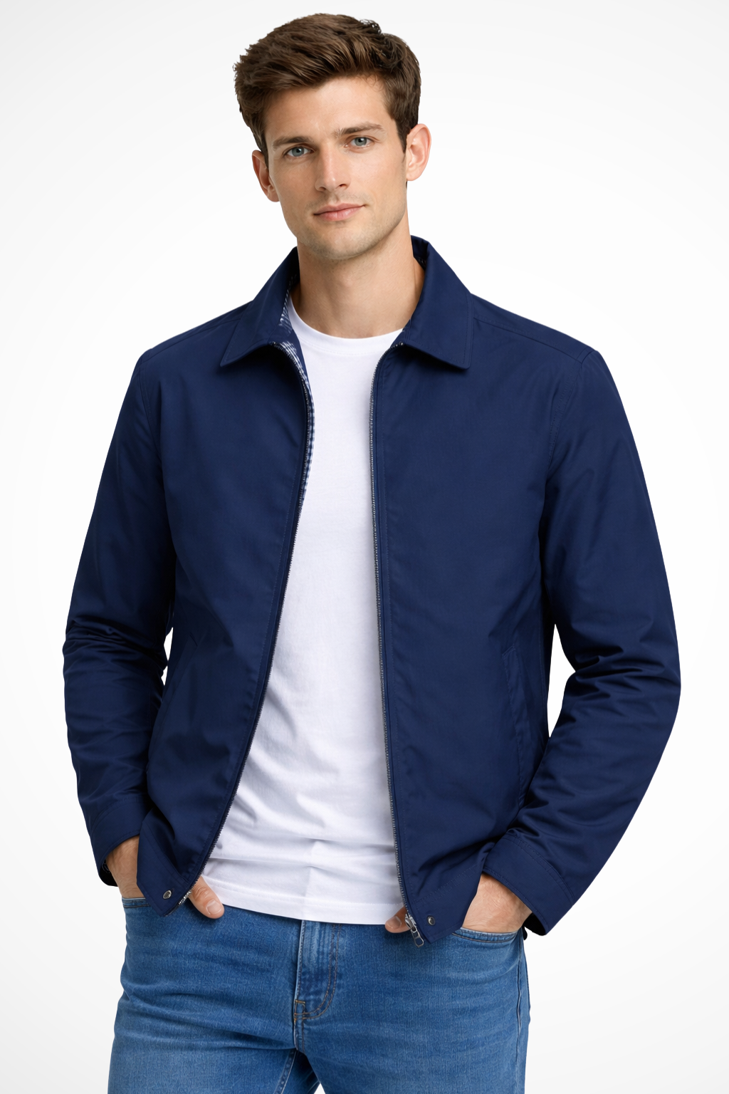Men's Collared Harrington Jacket with Check Lining for Casual Wear