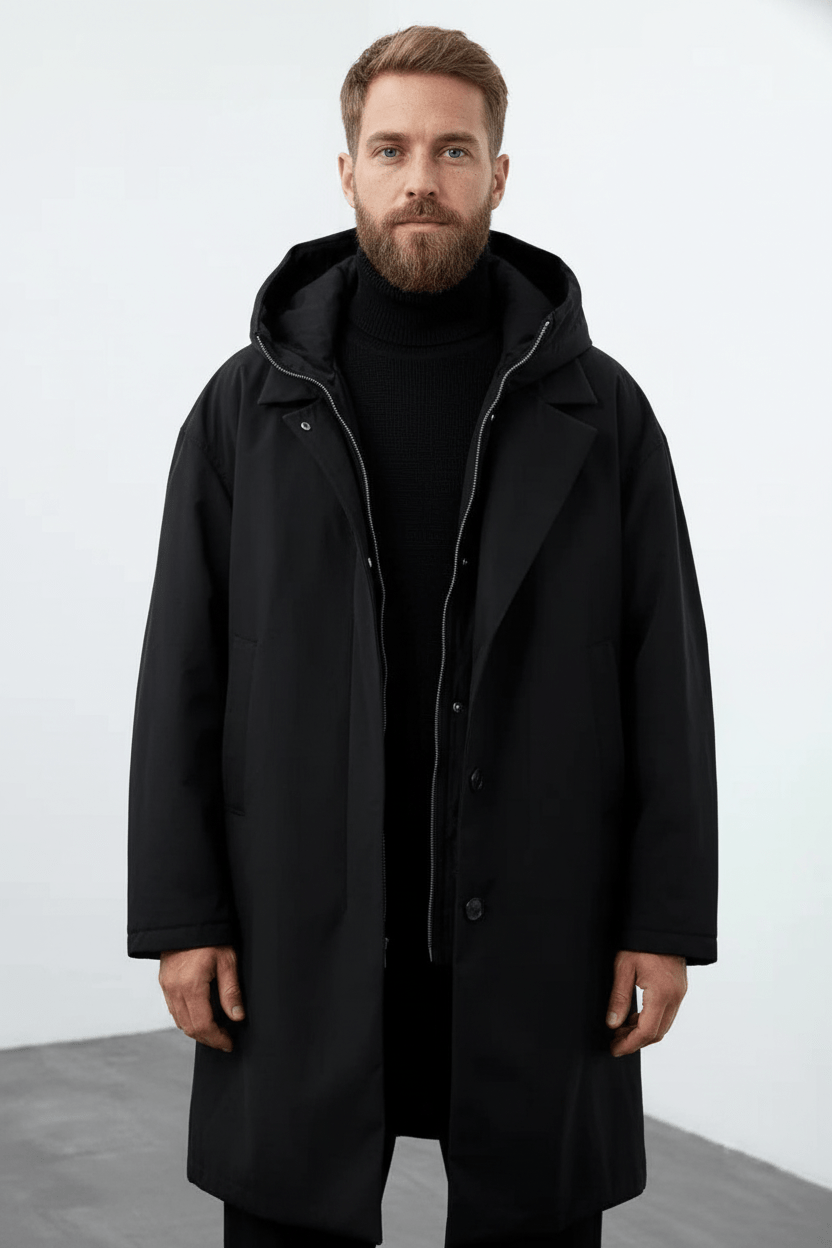 Men’s Double-Breasted Wool Blend Trench Coat - Tailored Fit for Stylish Outerwear Black