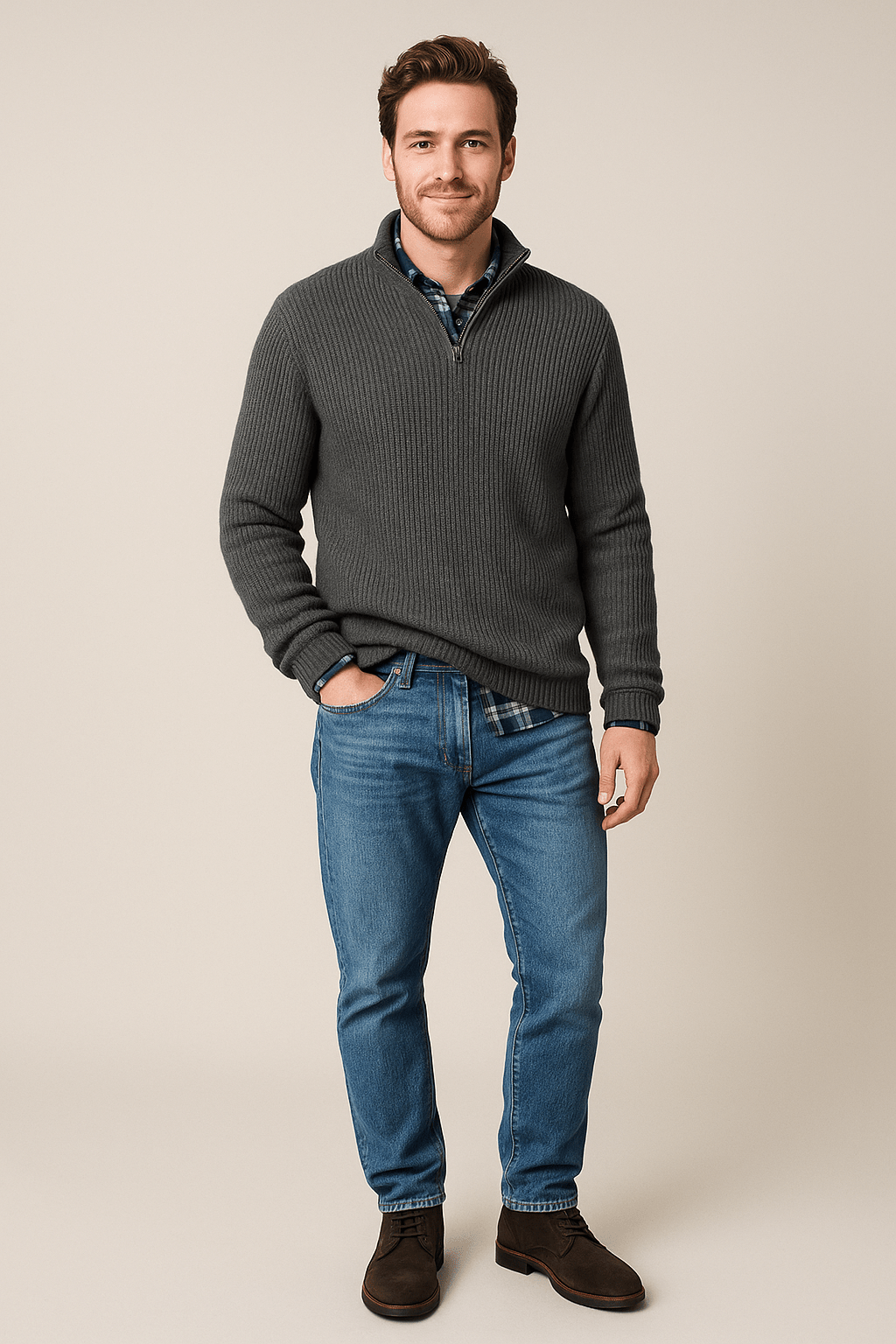 Men's Half-Zip Ribbed Knit Sweater - High Collar, Warm Knitwear for Casual and Outdoor Wear Grey