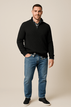 Men's Half-Zip Ribbed Knit Sweater - High Collar, Warm Knitwear for Casual and Outdoor Wear Black
