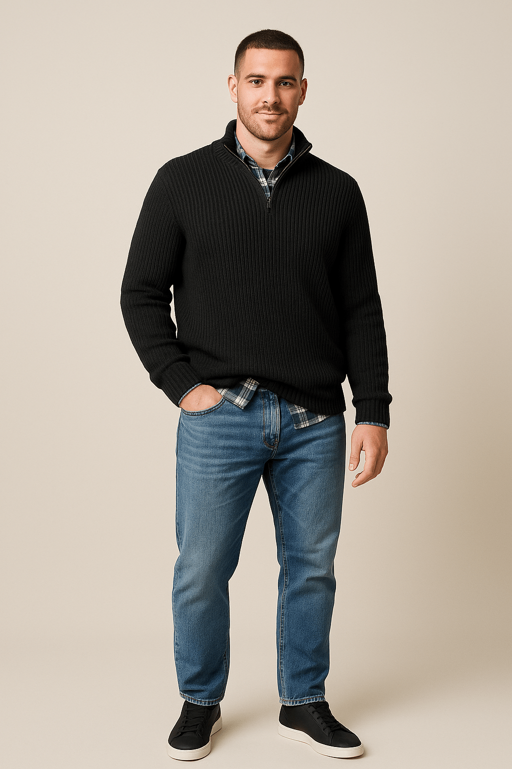 Men's Half-Zip Ribbed Knit Sweater - High Collar, Warm Knitwear for Casual and Outdoor Wear Black