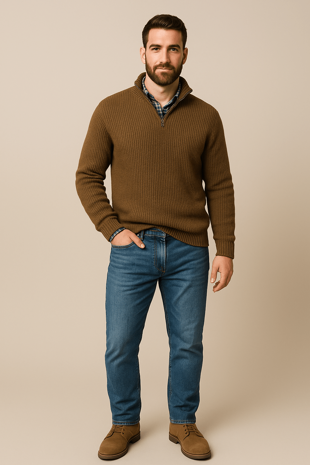 Men's Half-Zip Ribbed Knit Sweater - High Collar, Warm Knitwear for Casual and Outdoor Wear Khaki
