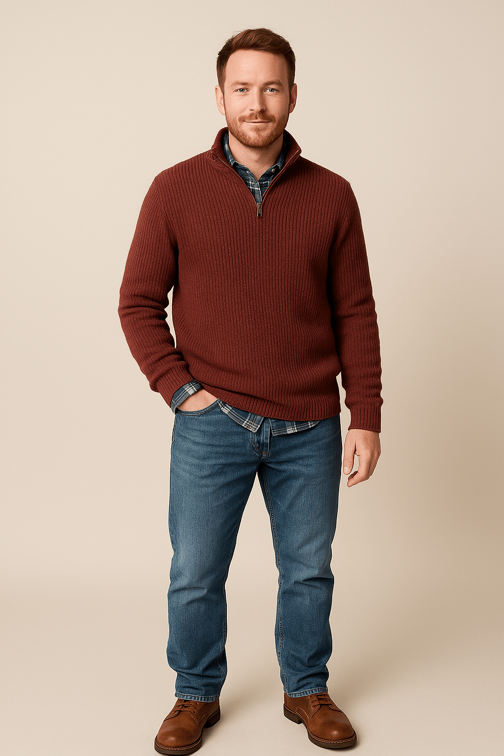 Men's Half-Zip Ribbed Knit Sweater - High Collar, Warm Knitwear for Casual and Outdoor Wear Red