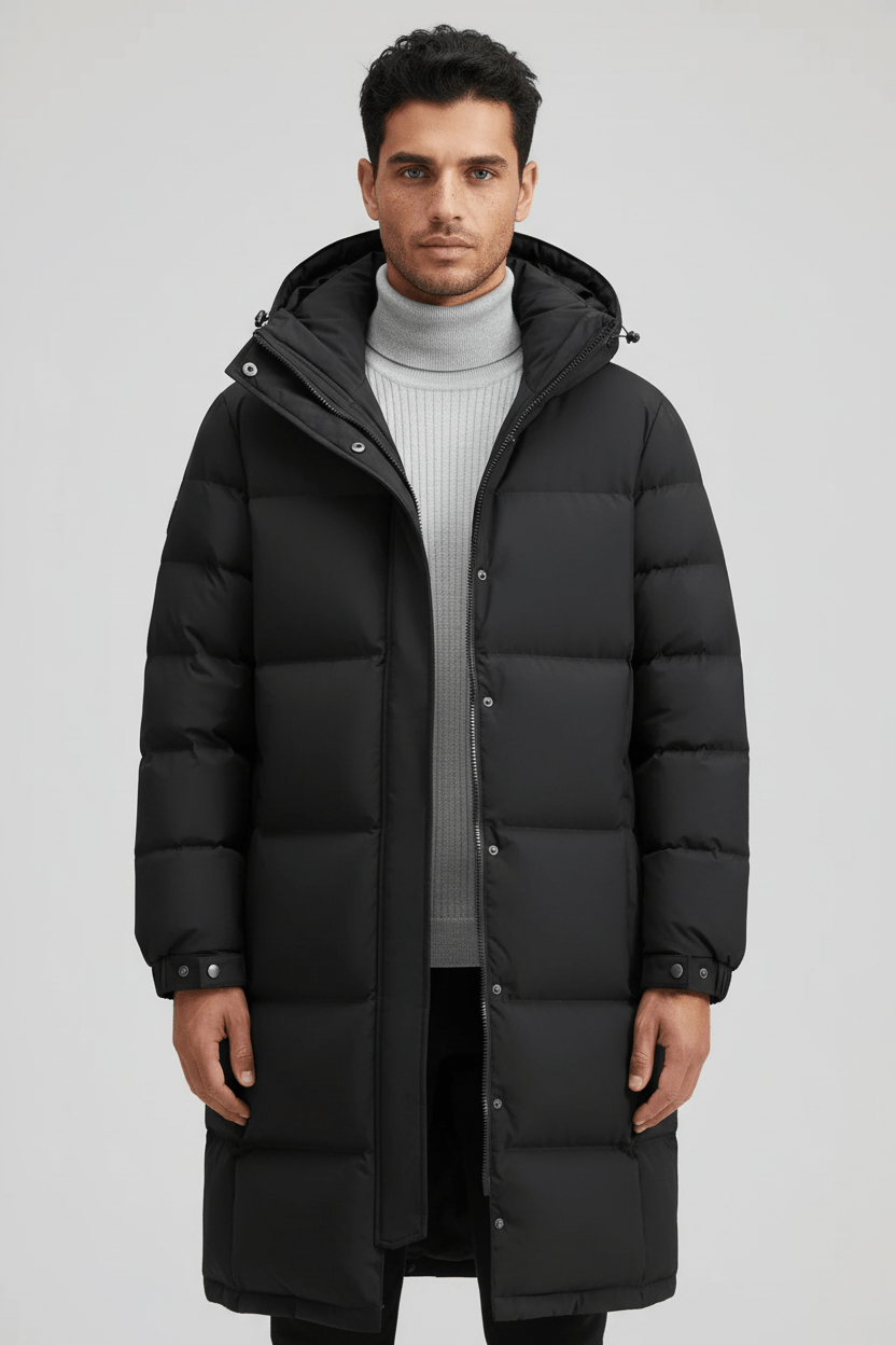 Men's Heavy Insulated Hooded Trench Coat - Relaxed Fit, Warm Outerwear for Cold Weather Black