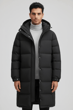 Men's Heavy Insulated Hooded Trench Coat - Relaxed Fit, Warm Outerwear for Cold Weather Black