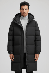 Men's Heavy Insulated Hooded Trench Coat - Relaxed Fit, Warm Outerwear for Cold Weather Black