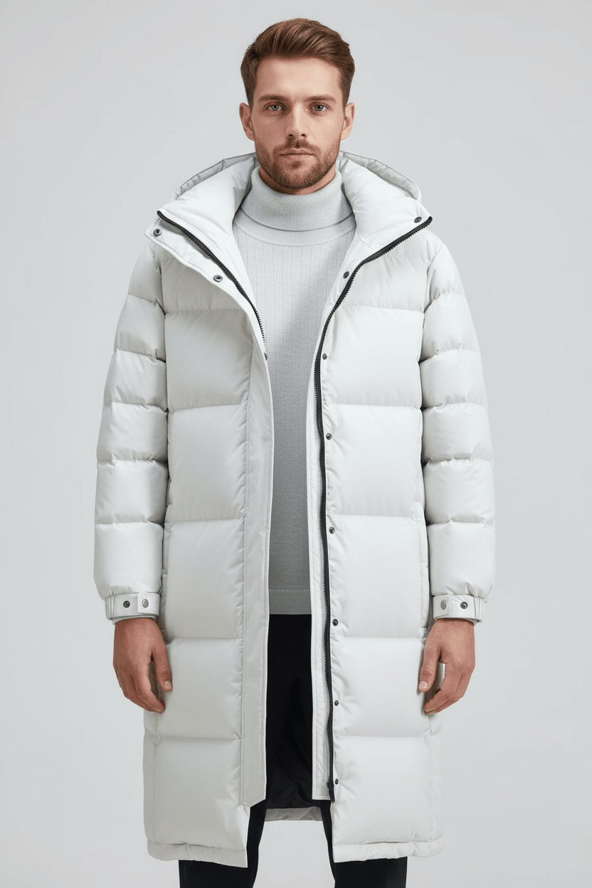 Men's Heavy Insulated Hooded Trench Coat - Relaxed Fit, Warm Outerwear for Cold Weather White