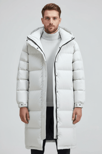 Men's Heavy Insulated Hooded Trench Coat - Relaxed Fit, Warm Outerwear for Cold Weather White