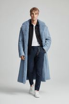 Men's Insulated Oversized Trench Coat with Shearling Lining for Cold Weather Wear Blue