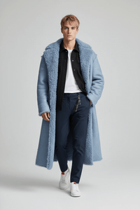Men's Insulated Oversized Trench Coat with Shearling Lining for Cold Weather Wear Blue