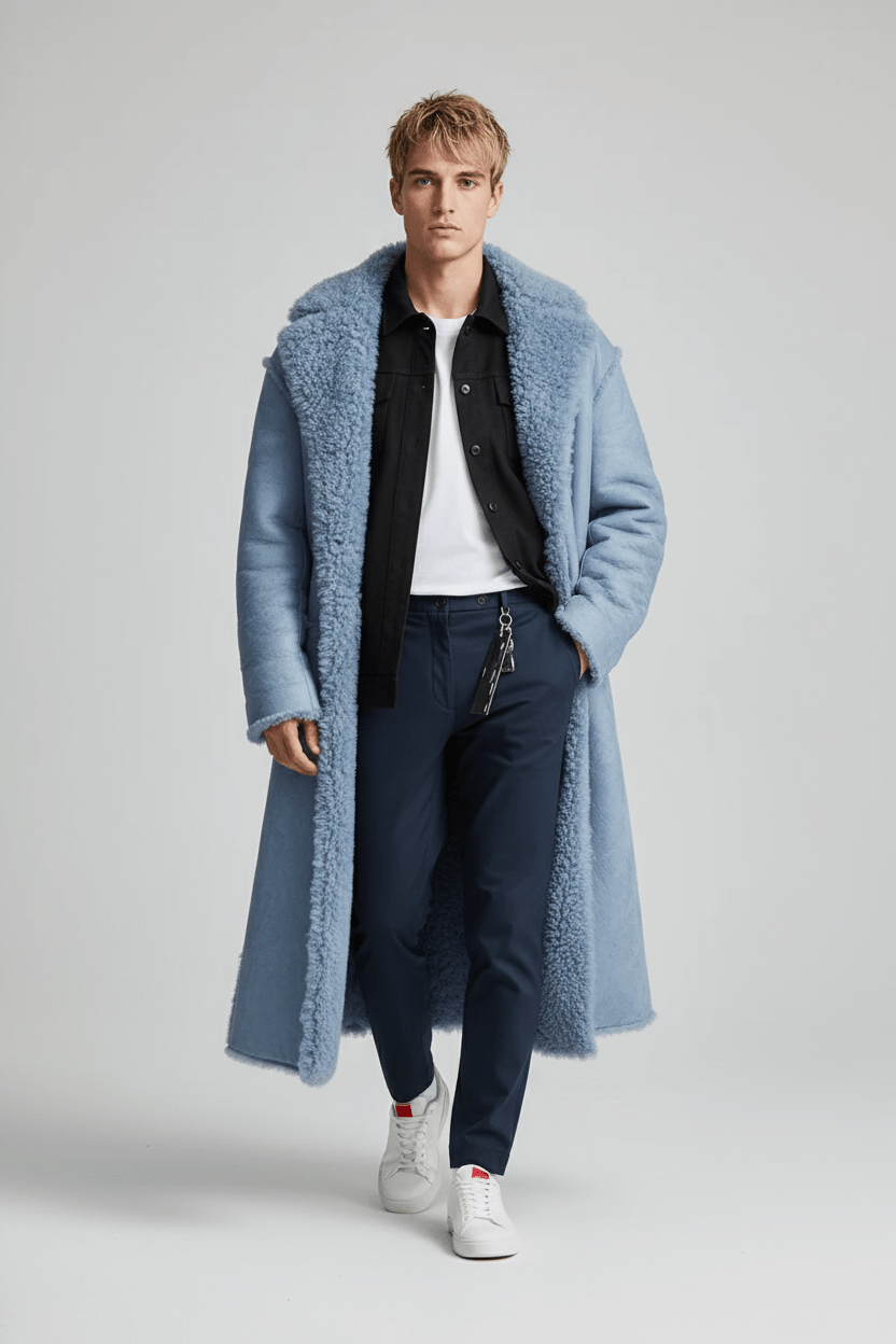 Men's Insulated Oversized Trench Coat with Shearling Lining for Cold Weather Wear Blue