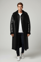 Men's Insulated Oversized Trench Coat with Shearling Lining for Cold Weather Wear Black