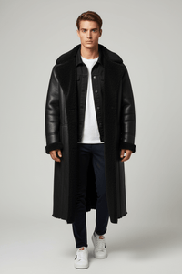 Men's Insulated Oversized Trench Coat with Shearling Lining for Cold Weather Wear Black