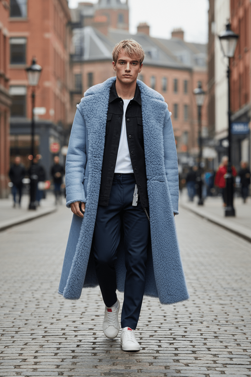 Men's Insulated Oversized Trench Coat with Shearling Lining for Cold Weather Wear