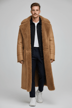 Men's Insulated Oversized Trench Coat with Shearling Lining for Cold Weather Wear Brown