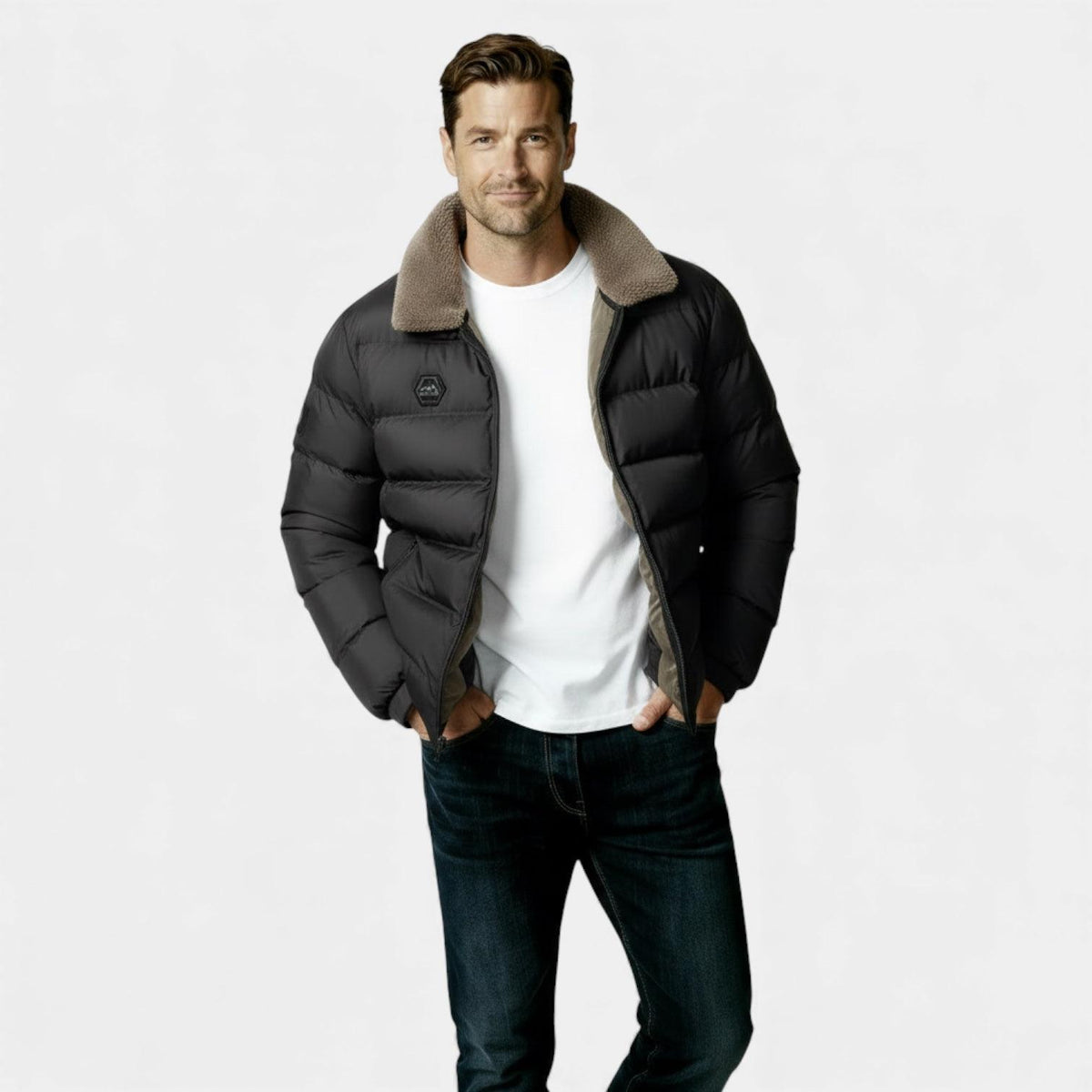 Men's Insulated Puffer Jacket with Sherpa Collar for Winter Outdoor Activities