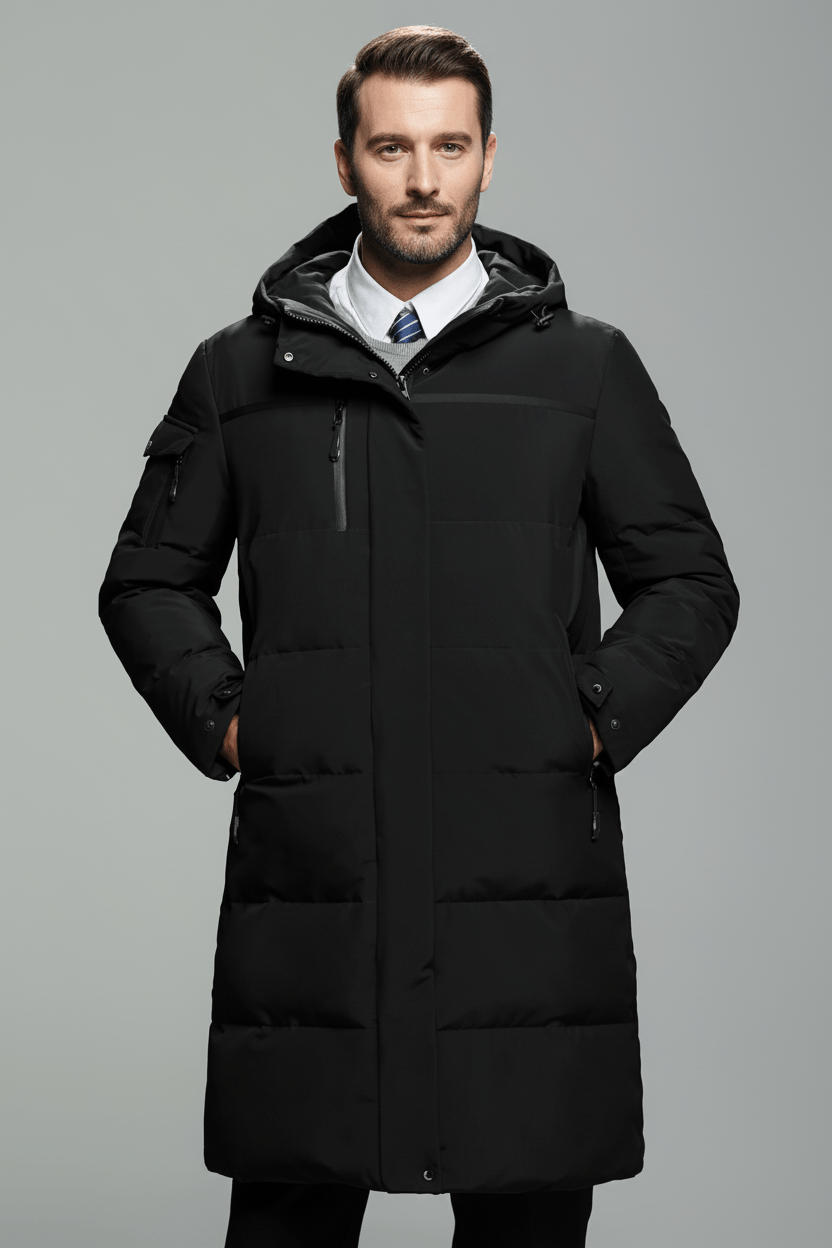 Men's Insulated Water-Resistant Long Jacket with Hood - Stylish Outerwear Black
