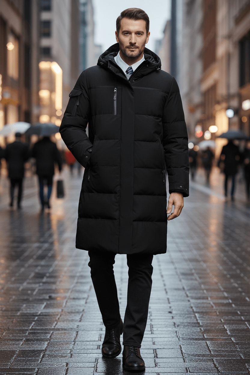 Men's Insulated Water-Resistant Long Jacket with Hood - Stylish Outerwear