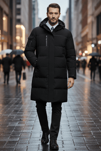 Men's Insulated Water-Resistant Long Jacket with Hood - Stylish Outerwear