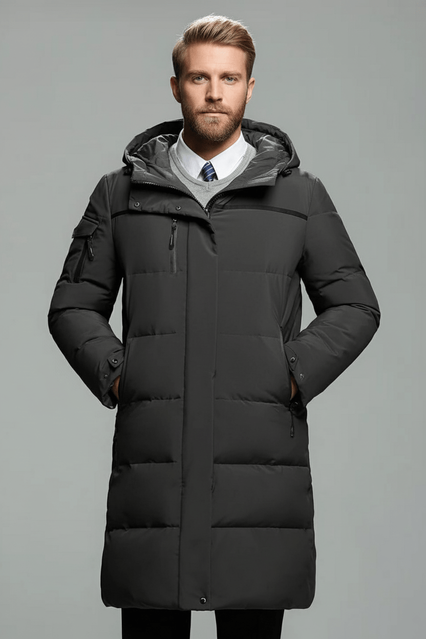 Men's Insulated Water-Resistant Long Jacket with Hood - Stylish Outerwear Grey
