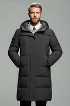 Men's Insulated Water-Resistant Long Jacket with Hood - Stylish Outerwear Grey