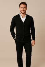 Men's Knitted V-Neck Cardigan - Tailored Fit, Ribbed Hem, Stylish Knitwear Black