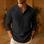 Men's Linen Long Sleeve Henley Shirt with Button Placket for Casual Wear
