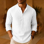 Men's Linen Long Sleeve Henley Shirt with Button Placket for Casual Wear
