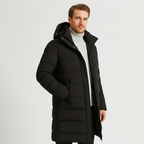 Men's Long Down Puffer Jacket - Insulated Winter Parka for Cold Weather - Water-Resistant, Hooded Design
