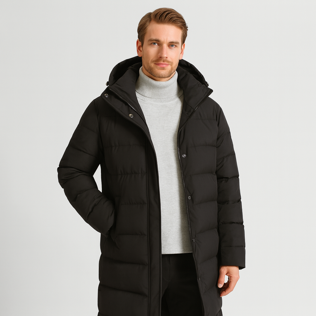 Men's Long Down Puffer Jacket - Insulated Winter Parka for Cold Weather - Water-Resistant, Hooded Design